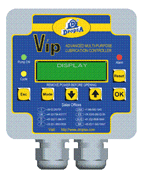 Drip irrigation controller panel with display screen and control buttons, labeled Vip, blue and yellow design.