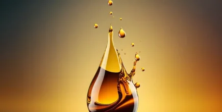 A close-up image of a golden-brown liquid droplet, shaped like a teardrop, with several small droplets suspended in the air around it. The background features a gradient transition from deep brown at the bottom to a lighter shade at the top