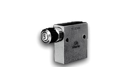 The image shows a silver metal lock mechanism with a cylindrical keyhole on one side and two mounting holes on the flat surface. The surface of the lock has a textured pattern, and the overall design is simplistic and functional, suitable for securing doo