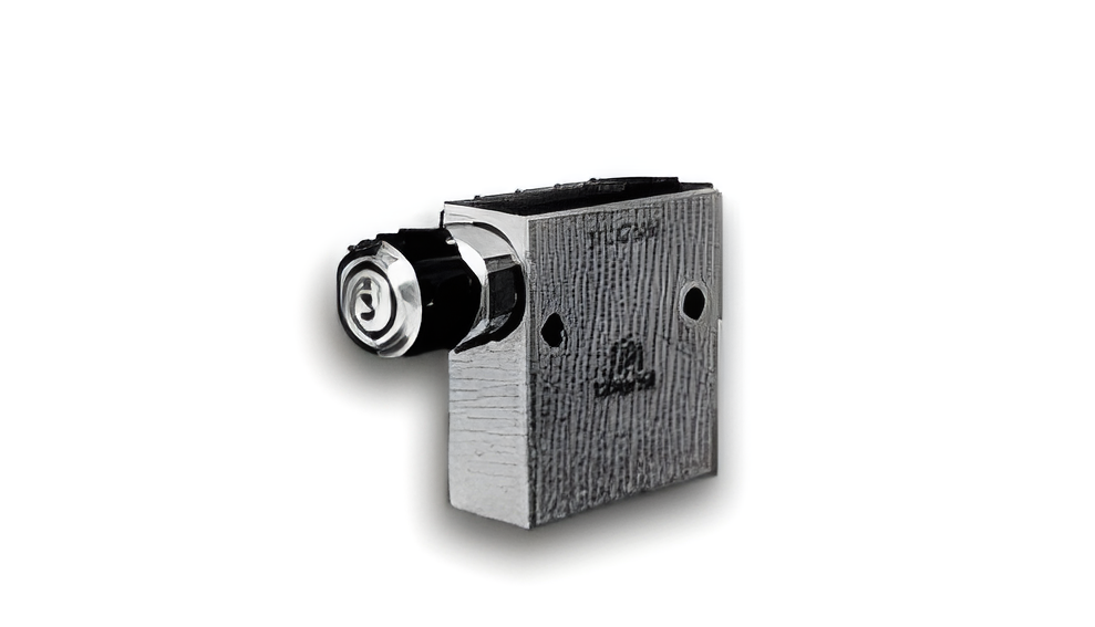 The image shows a silver metal lock mechanism with a cylindrical keyhole on one side and two mounting holes on the flat surface. The surface of the lock has a textured pattern, and the overall design is simplistic and functional, suitable for securing doo