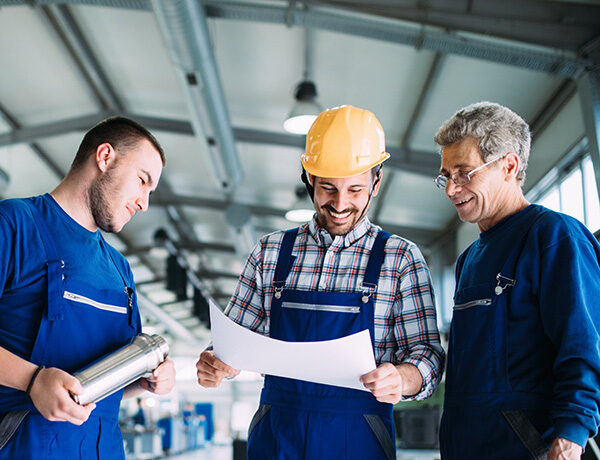 Group of men at a factory looking at a paper