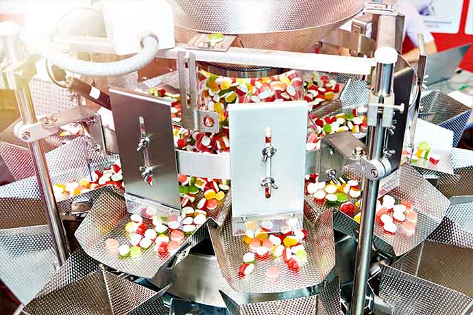 Automated candy packaging machine sorting colorful gummies for food industry efficiency.