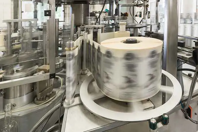 Automated packaging machine applying labels in a modern factory setting.
