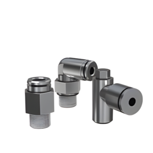 Three metallic pipe fittings are displayed in the image. They are variously shaped and include straight and angled connectors. The fittings have a shiny, polished surface and feature threaded ends for attachment. The arrangement shows a combination of elb