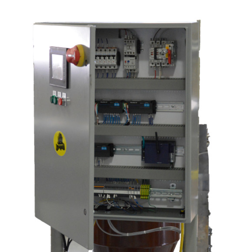 A metallic control panel with an open door, revealing internal components. The panel has a digital display screen, several buttons, and indicator lights near the top. Inside, there are multiple circuit boards and wiring neatly arranged on different levels