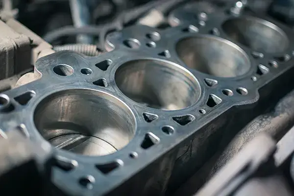 The image shows a close-up view of a cylinder head gasket, which is a flat metal component with circular cutouts. The cutouts are aligned with several cylindrical shapes beneath them, indicating the areas for engine cylinders. The surrounding area of the