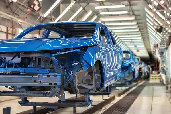An assembly line featuring several blue, partially constructed car bodies. The cars are lined up in a well-lit factory space, showcasing a modern manufacturing environment. The focus is on the front left car, with visible structural components and no wind