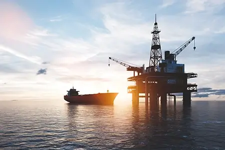 Oil platform on the ocean. Offshore drilling for gas and petroleum